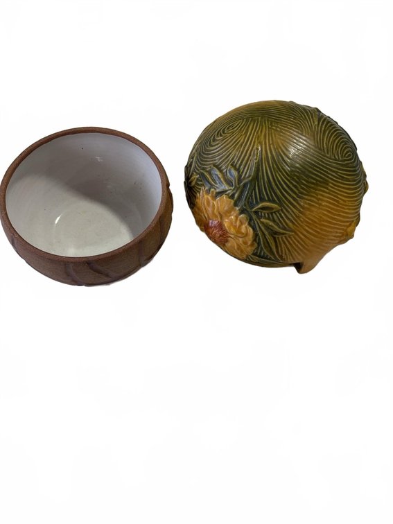 Signed Lidded Ceramic Jar with Embossed Floral and Nature Motif, 4-Piece Set