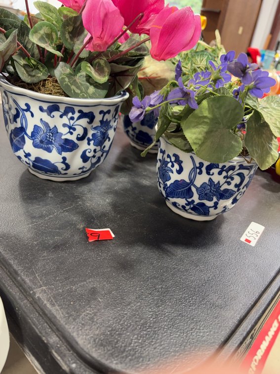 3 Blue And White Porcelain Planters With Artificial Plants