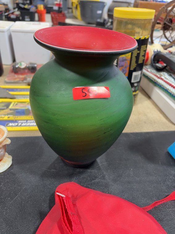 Green and Red Glass Vase with Wide Flared Rim, Swirled Design