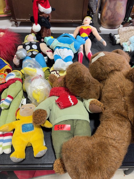 Plush Toys Lot: Cookie Monster, Wonder Woman, Sock Monkey, Yellow Teletubby