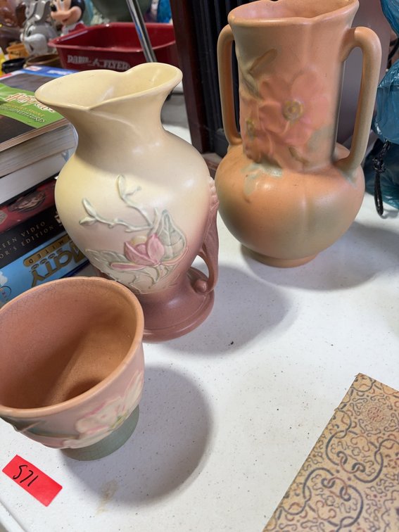 Roseville Pottery Floral Relief Vases and Planter Trio