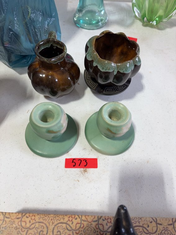 Ceramic Lot: Brown Vase, Scalloped Bowl, and Pair of Green Candle Holders