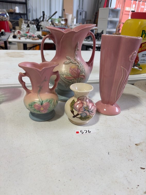 4 Pink Floral Embossed Ceramic Vases Assorted Shapes and Sizes