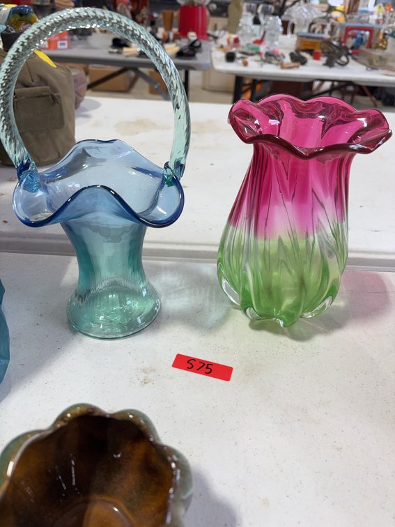 Hand-Blown Art Glass Vases, Twisted Handle Basket and Pink-Green Vase