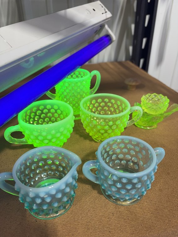 Uranium Glass Hobnail Creamers and Sugar Bowls with Blue and Yellow Tint, Set of 6