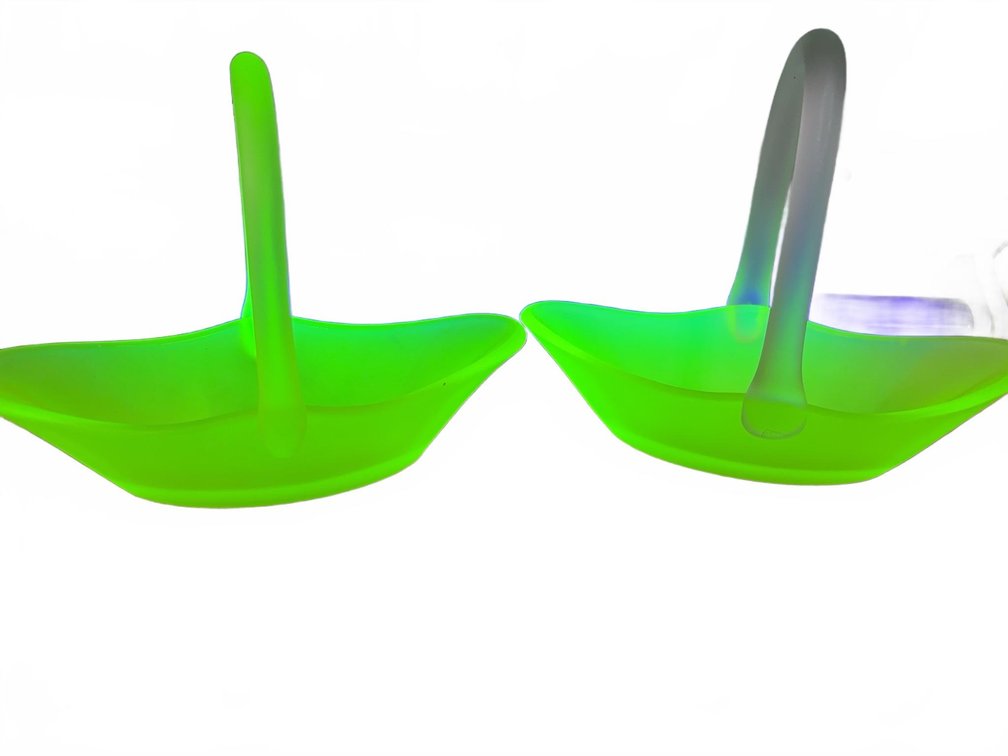 Uranium Glass Baskets Glowing Under Blacklight, Frosted Handles