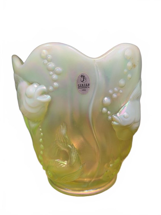 Fenton Vaseline Glass Iridescent Fish Vase with Scalloped Rim, Glows Under UV