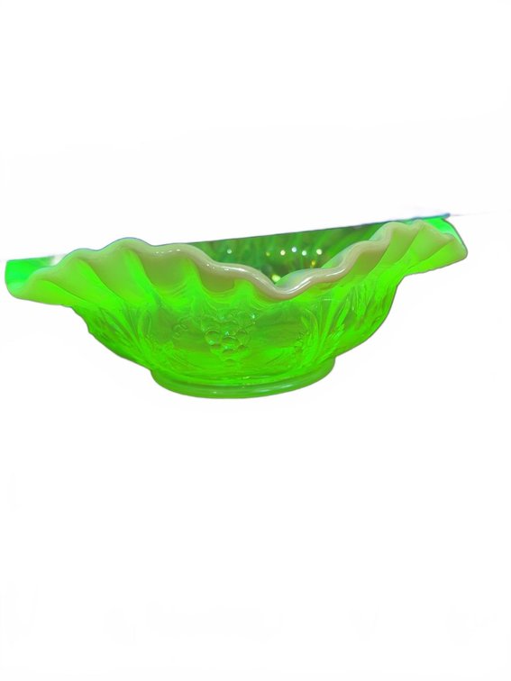 Uranium Carnival Glass Bowl with Ruffled Edge and Grapevine Pattern, Glows Under UV Light