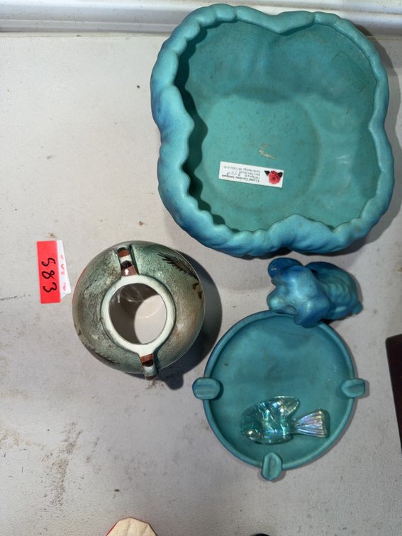 Van Briggle Pottery Lot: Bowl, Ashtray with Dog, and Matte Vase, Plus Glass Fish