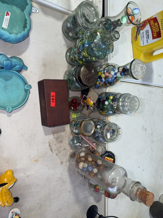 Vintage Glass Marbles in Glass Jars, Bottles and Wooden Box