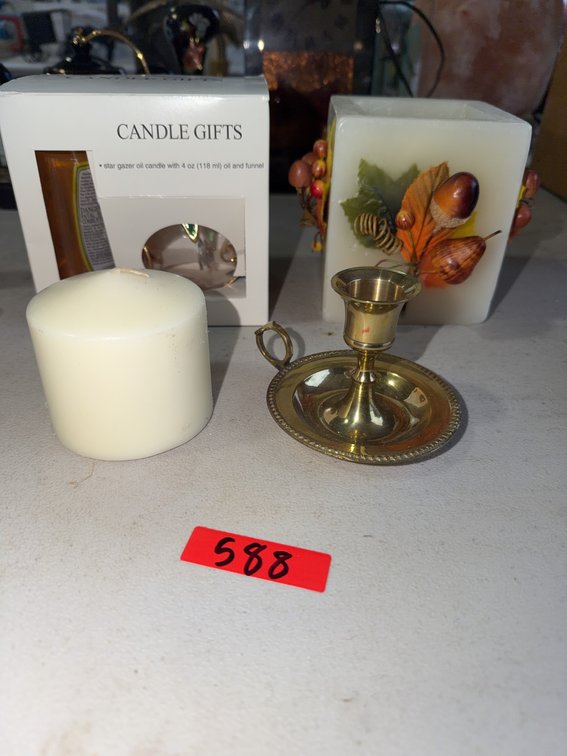 Candle Gift Set, Brass Chamberstick, White Votive, Decorative Autumn Candle