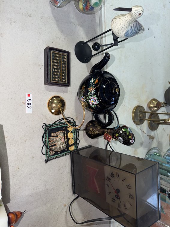 Decorative Lot: Budweiser Clock, Abacus, Teapot, Figurines, Elephant Pouch