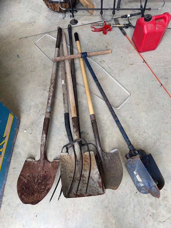 Garden Tools: Shovel, Pitchfork, Square Shovel, Post Hole Digger