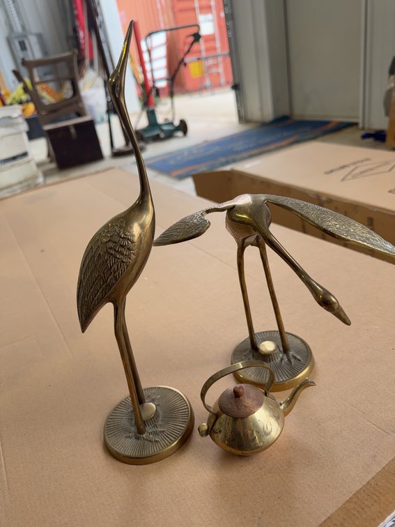 Brass Crane Bird Figures With Small Brass and Wood Teapot Decor