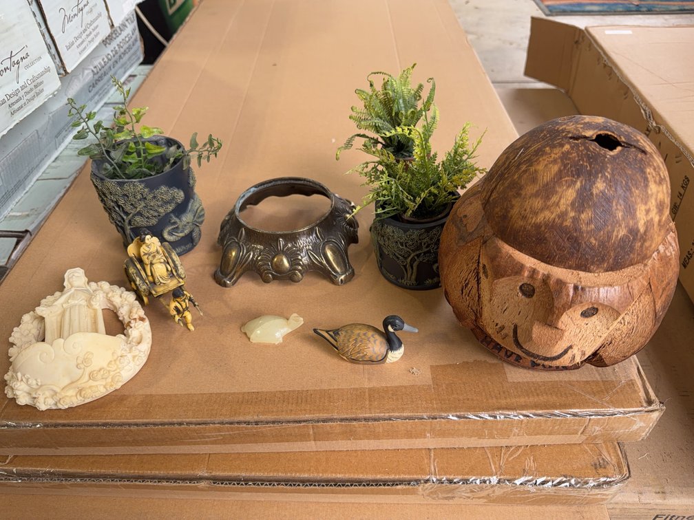 Decorative Lot: Coconut Monkey, Vintage Figurines, Planters, Metal Stand
