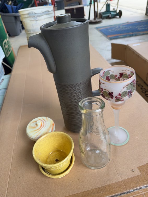 Lot: Denby England Coffee Pot, McCoy USA Planter, Milk Bottle, Glass, Lidded Dish
