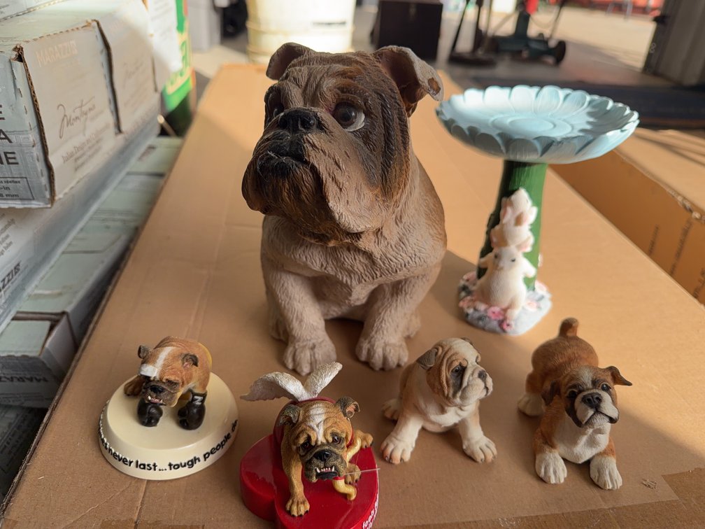 Bulldog Figurines and Ceramic Bird Bath With Rabbit Design, 7 Pieces Total