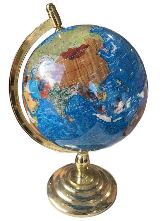 Blue Lapis World Globe With Brass Stand, Semi-Precious Stone Inlay, 15 in. Tall