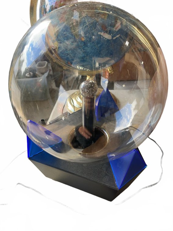 Electric Plasma Ball with Blue Corners and Black Base, Approx. 12" Diameter