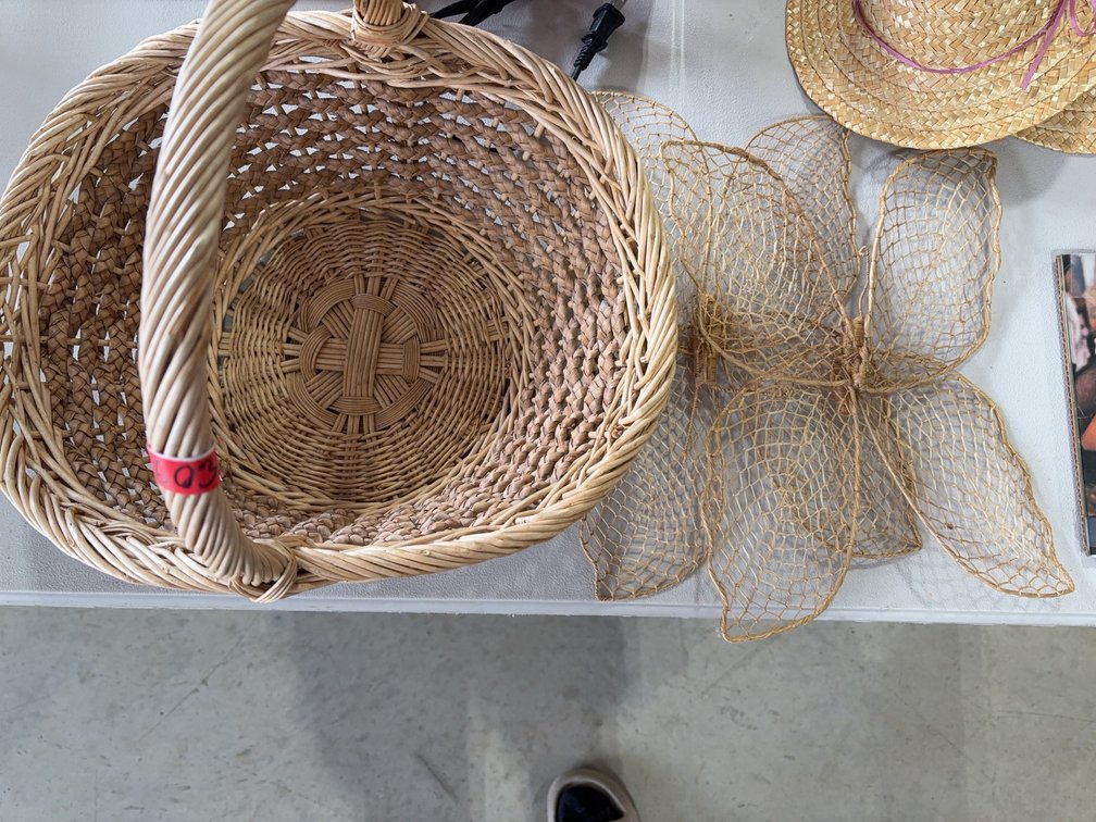 Wicker Basket With Wicker Butterflies and Pair of Small Wicker Flower-Trimmed Hats