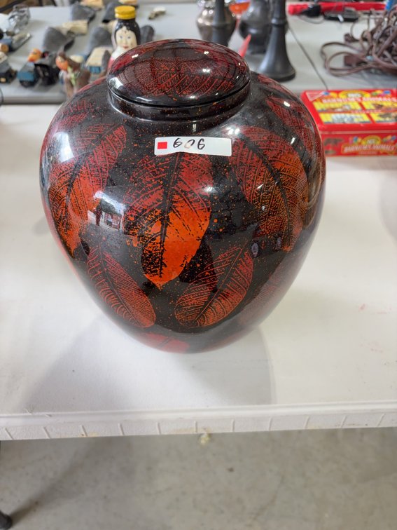 Lidded Ceramic Jar with Red Leaf Pattern, Black Glaze Finish, 8 Inch Height