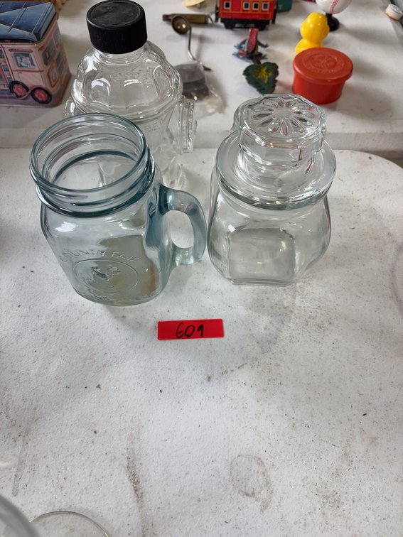 Clear Glass Jars and Mugs Including Country Fair and Firehouse Soda Jar