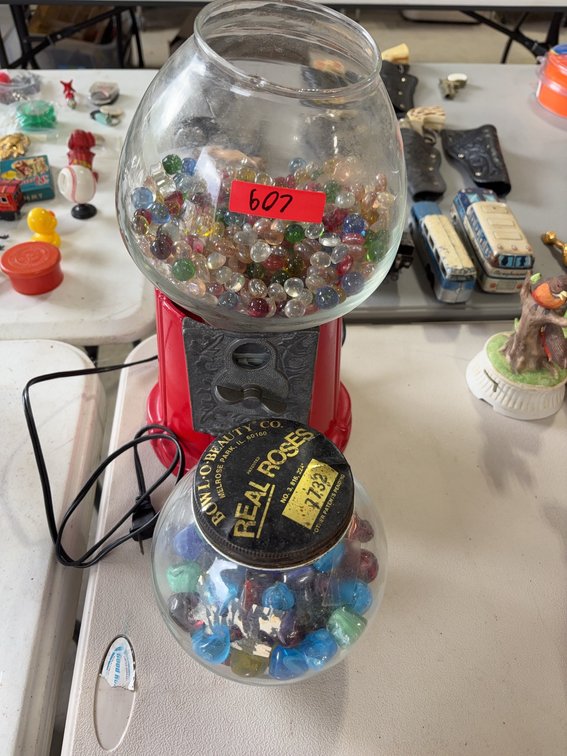 Vintage Red Metal Gumball Machine with Marbles and Bowl O' Beauty Glass Jar