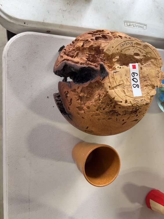 Decorative Burnt Wood Vessel and Small Brown Ceramic Cup, 2 Pieces