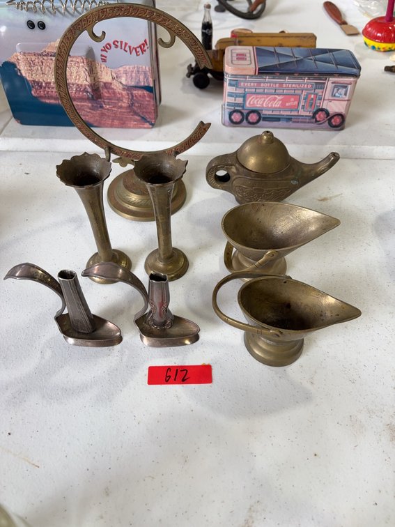 Brass and Metal Decorative Mini Pitchers, Bud Vases, and Genie Lamp Lot