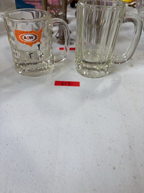 Clear Glass Mugs, One with A&W Logo, Heavy Molded Glass, 4 in. Tall