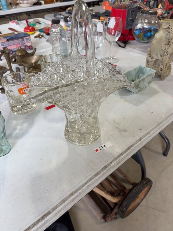 Pressed Cut Glass Basket With Handle, Clear Patterned Decorative Crystal
