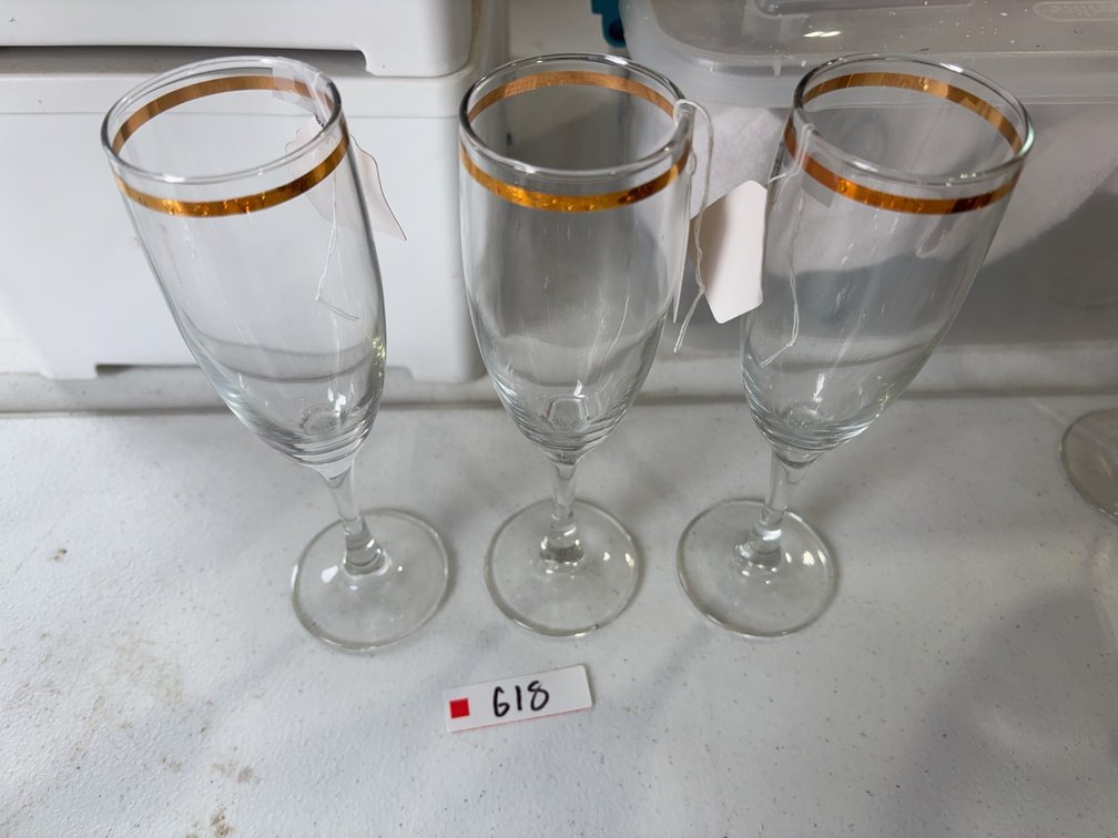 3 Gold Rimmed Clear Glass Champagne Flutes