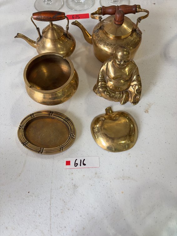 Brass Decor Items, Teapots, Buddha Figure, Oval Tray, Apple Dish