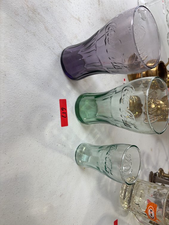 3 Coca-Cola Glasses in Purple, Green, and Clear Tones, Assorted Sizes