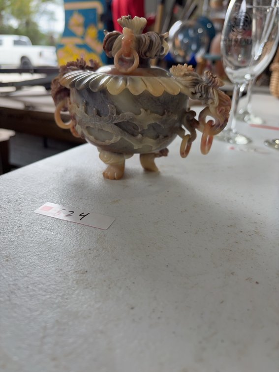 Carved Jadeite Oriental Lidded Compote Dish with Lion Handles and Decorative Feet