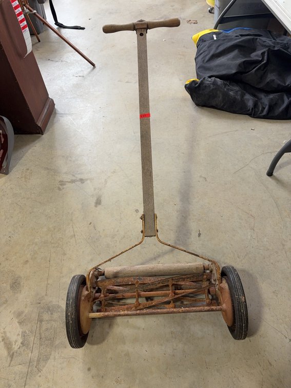 Vintage Manual Reel Push Lawn Mower With Wood Handle and Steel Frame