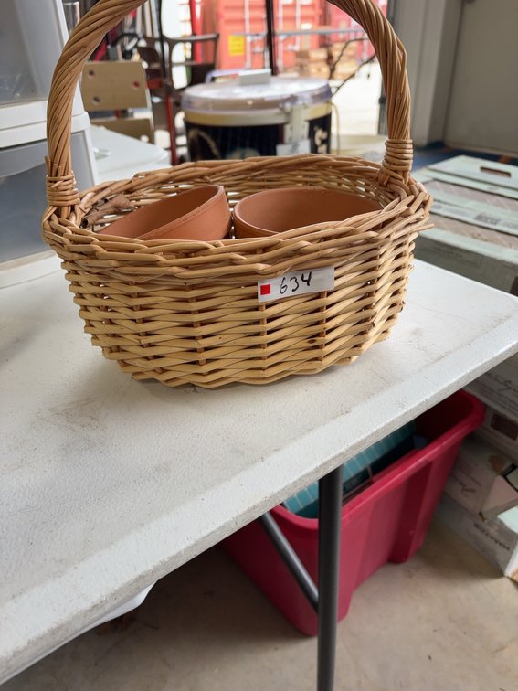 Wicker Basket With Handle and Two Small Terra Cotta Flower Pots