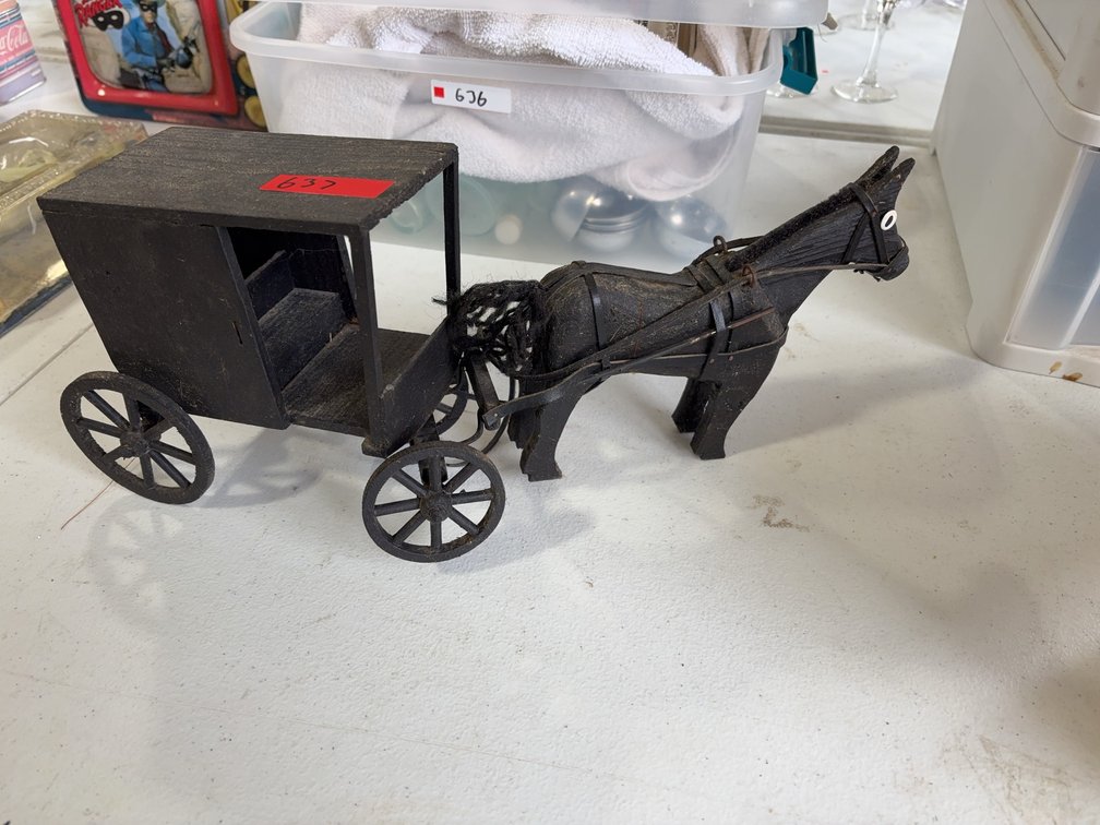 Wooden Horse and Buggy Model with Black Paint and Functional Wheels