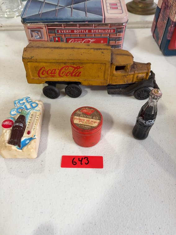 Coca-Cola Memorabilia Lot: Toy Truck, Tin, Bottle, 1955 Kit, and Thermometer