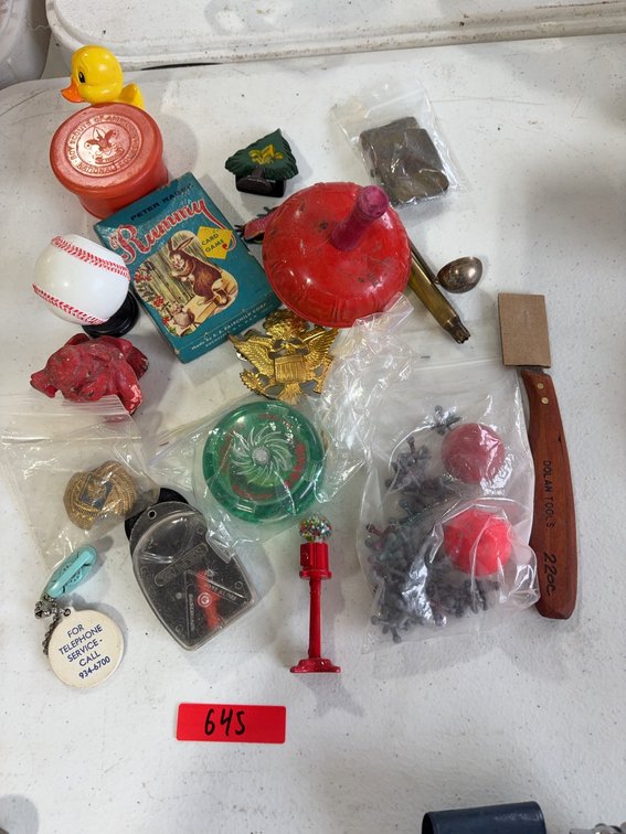 Collectibles Lot: Card Game, Toys, DOLAN Utility Knife, Tokens, Jacks, Duck