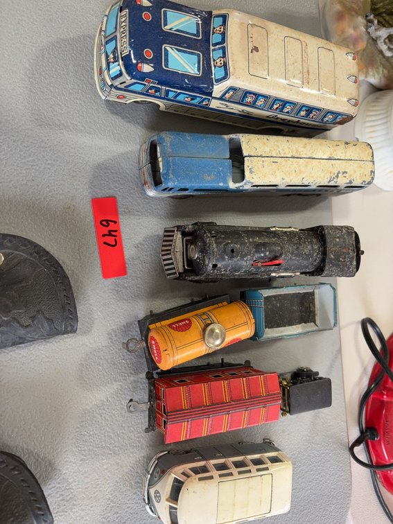 Tin and Diecast Toy Vehicles, Trains, Buses and Cars, 8 Pieces