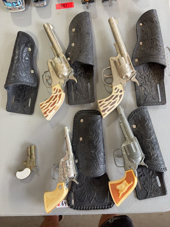 (5) Toy Cap Pistols With Engraved Finishes and Holsters, Plus Small Toy Derringer