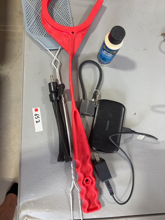 Lot: Gunslick Nitro Solvent, Red Litter Picker, Power Bank, Fly Swatter, Tripod