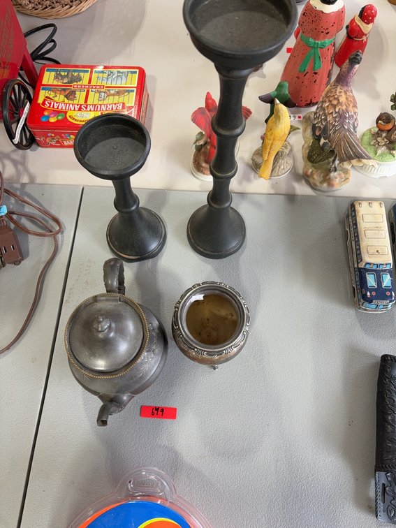 Metal Teapot, Silver-Plated Sugar Bowl, and Pair of Metal Candlesticks
