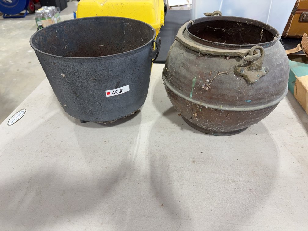 Two Cast Metal Cooking Pots, Footed and Round with Handles, As Found
