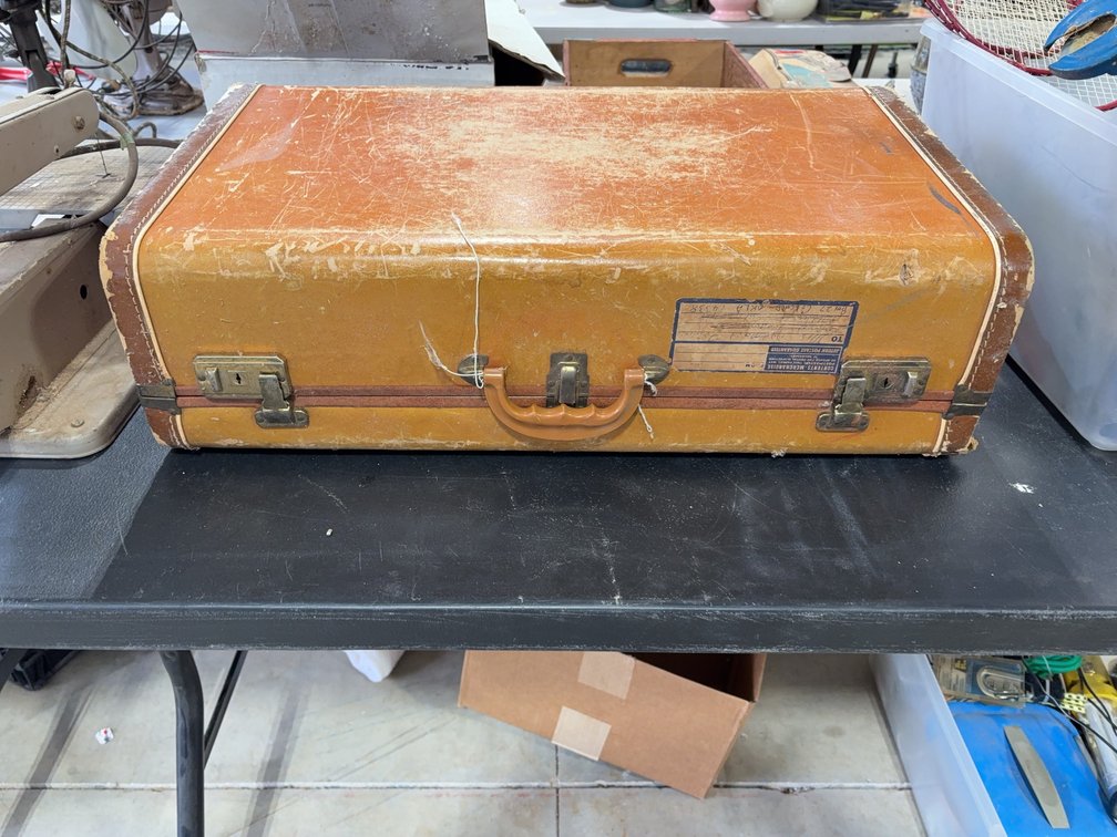 Brown Hard-Shell Vintage Suitcase with Metal Latches and Handle 2 ft Wide