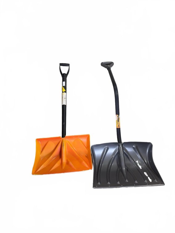 2 Snow Shovels: Orange Poly and SteelCore Gray Plastic Scoop