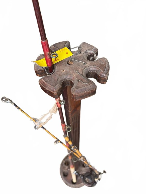 Wooden Fishing Rod Stand With Assorted Vintage Fishing Rods and Reels