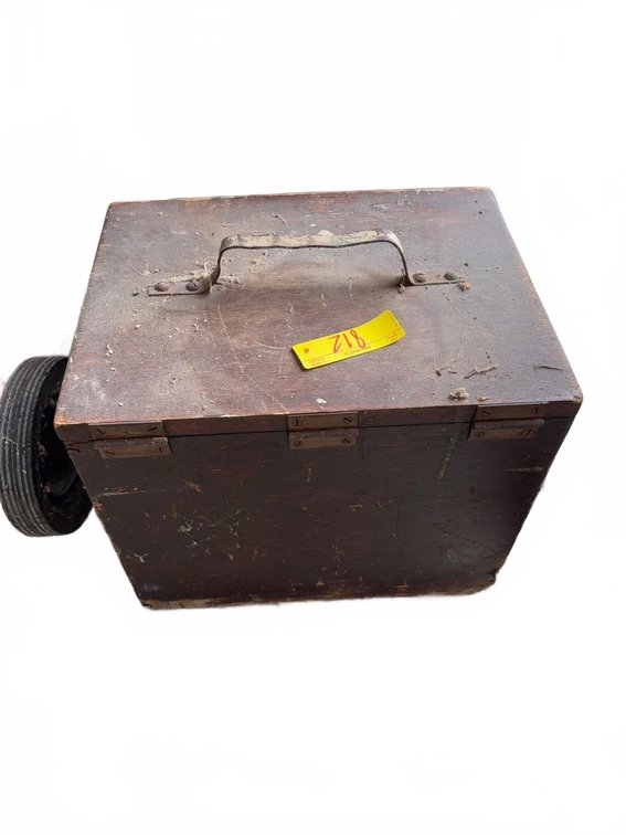 Wooden Box With Assorted Glass Insulators, Hinged Lid, Metal Handle And Latch