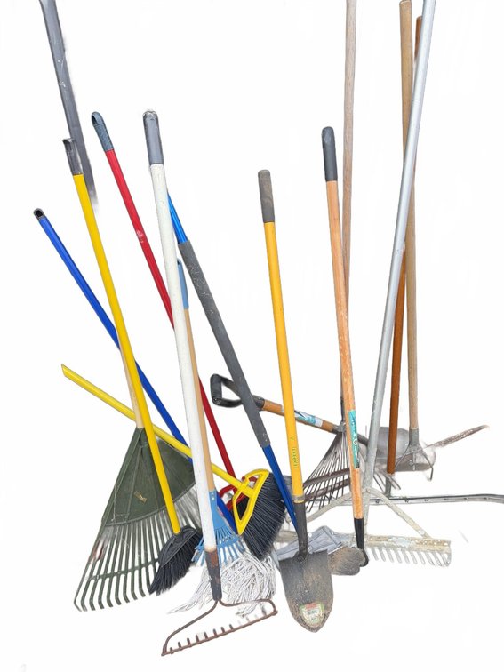 Yard Tools Including Rakes, Brooms, Shovels, and Mop, Mixed Brands